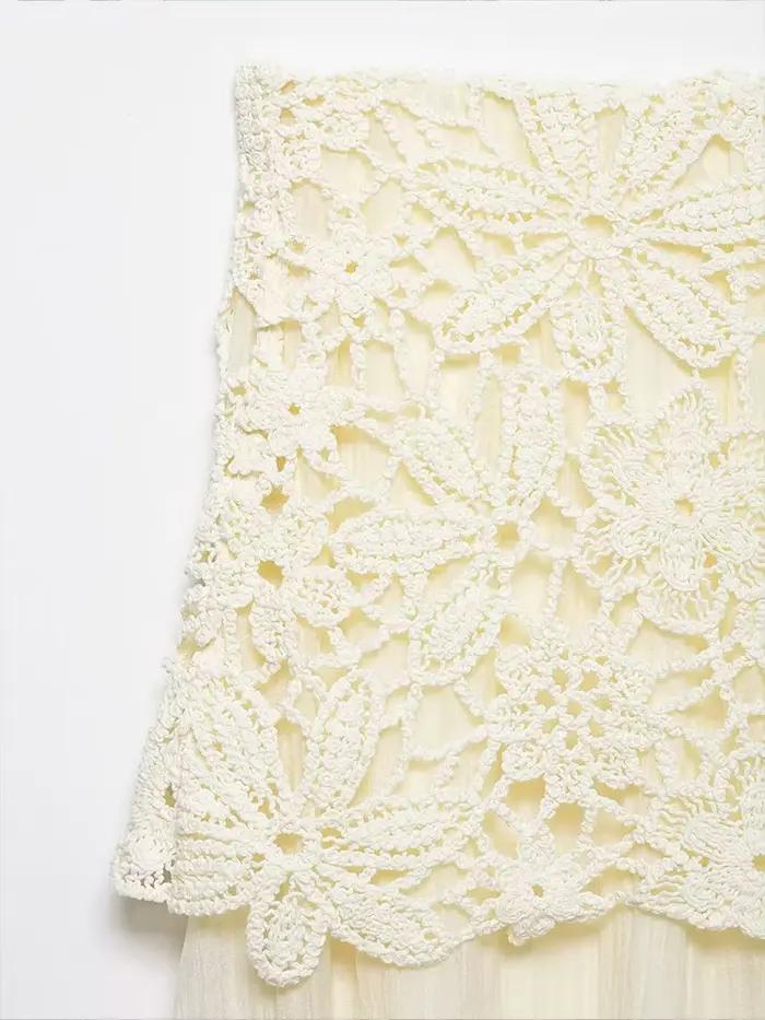 Jupe mi-longue décontractée en mousseline froissée respirante à taille haute en dentelle crochetée pour femme – Collection Printemps-Été