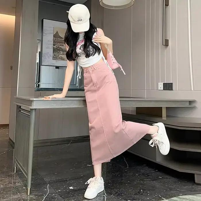 Short en denim rose 100% coton pour femmes, taille haute, fente rétro, élégant et décontracté pour l'été