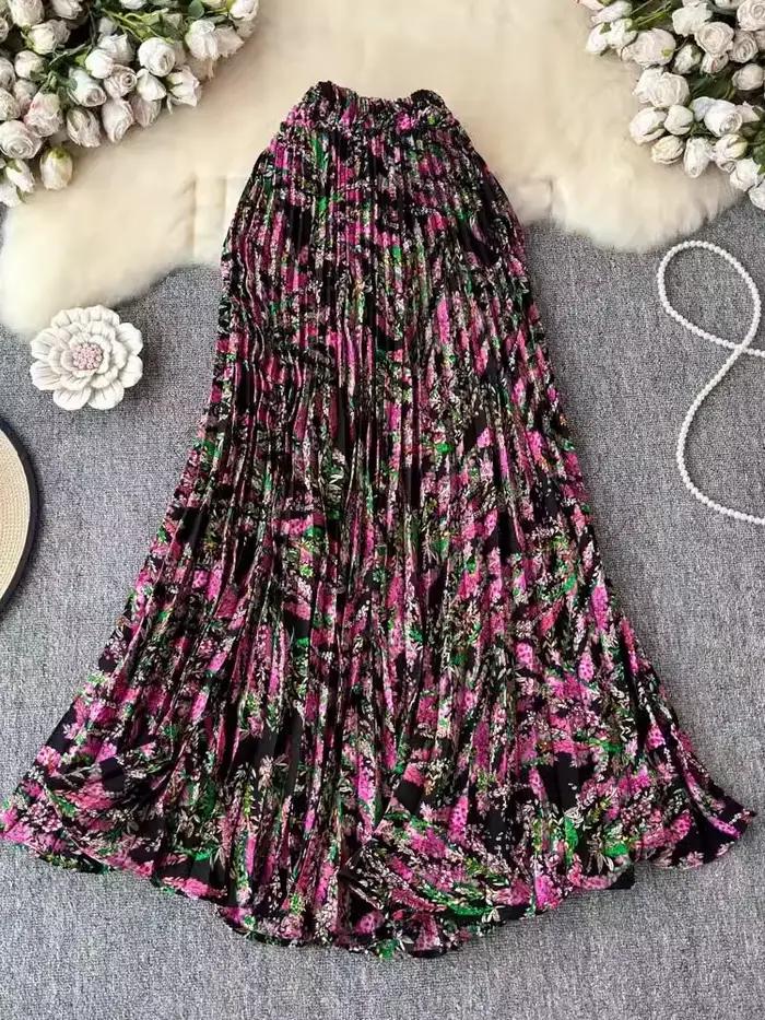 Jupes plissées en mousseline de soie pour femmes, imprimé floral, mode Vintage, couleur trapèze, vêtements de transport assortis avec tout, printemps été