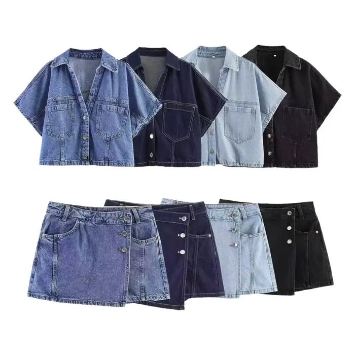 Ensemble deux pièces décontracté pour femme : haut court et jupe courte asymétrique en jean rétro, style urbain, mode estivale