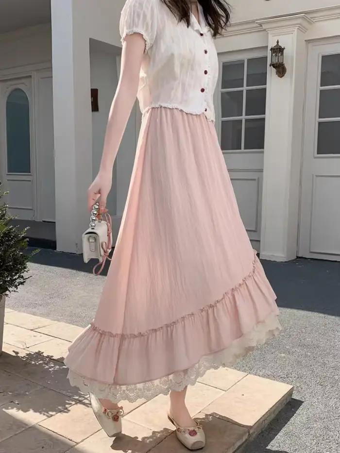 Jupe trapèze élégante en dentelle rose