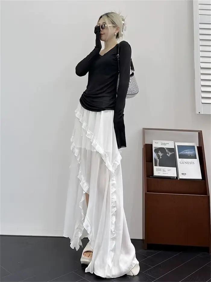 2025 Korean New Irregular High Waist Skirts Vintage Lady White Skirt French Style Fashion Ruffles Sweet