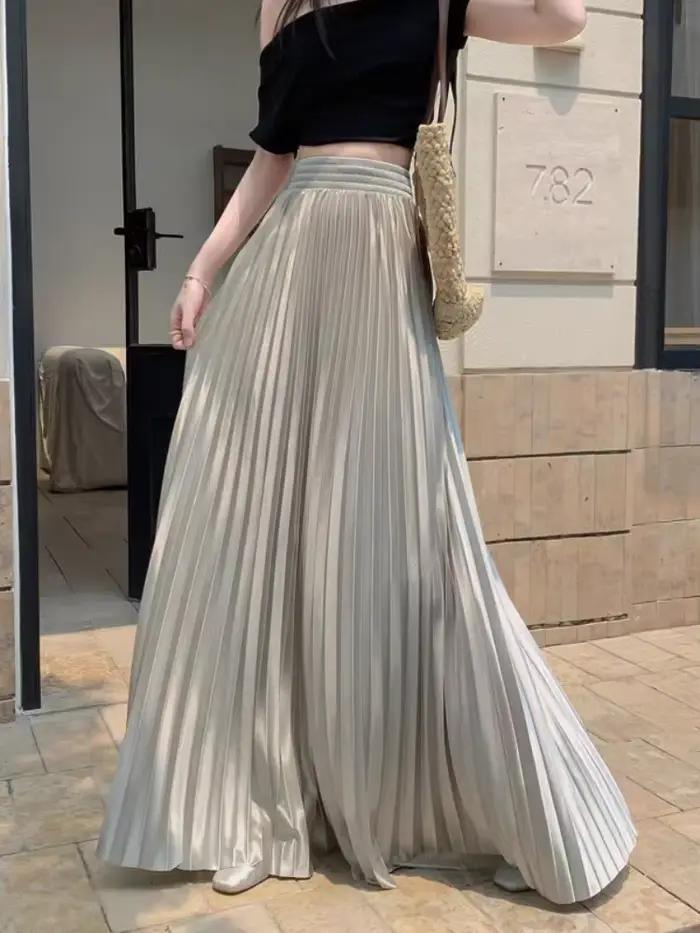 Jupe longue plissée en satin pour femmes grandes