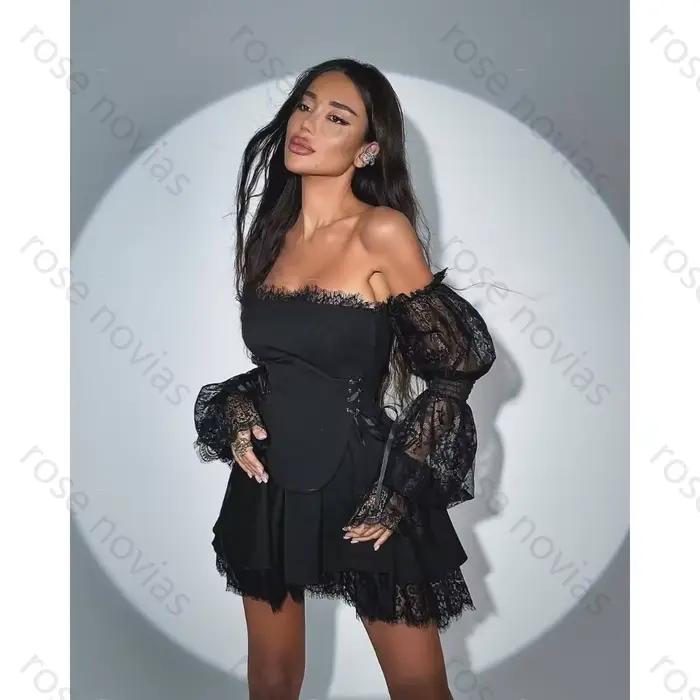 Robes de cocktail noires élégantes personnalisées, coupe trapèze, sans bretelles, en dentelle de haute qualité, longueur genou, pour occasions spéciales