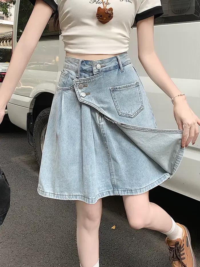 Vintage été Midi Denim jupes pour femme ample Streetwear Y2K grande taille jean jupe femmes a-ligne croisé plissé Faldas Largas
