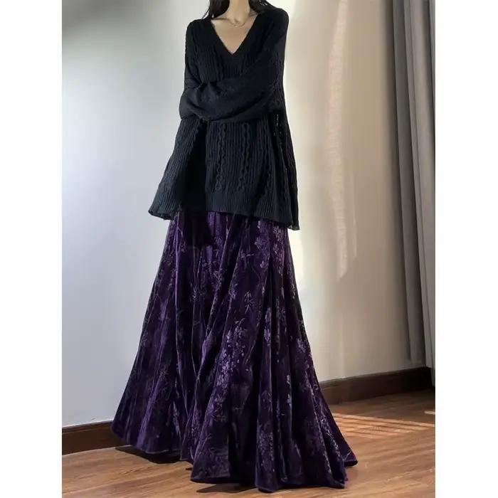 Jupe longue mi-longue en velours à imprimé Floral violet