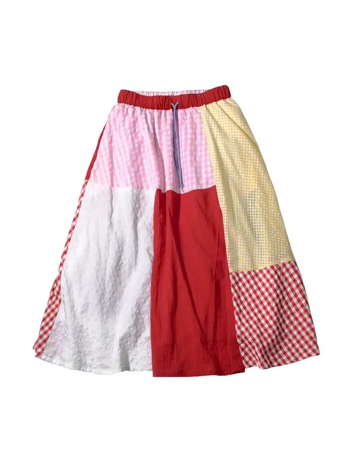 Jupe mi-longue patchwork à carreaux pour femme par imakokoni, jupe mi-longue originale d'été à fleurs en relief en forme de A 265529