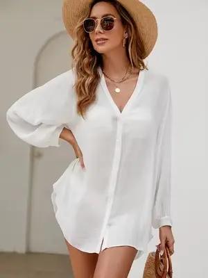 Robe de plage blanche texturée à manches longues pour femme
