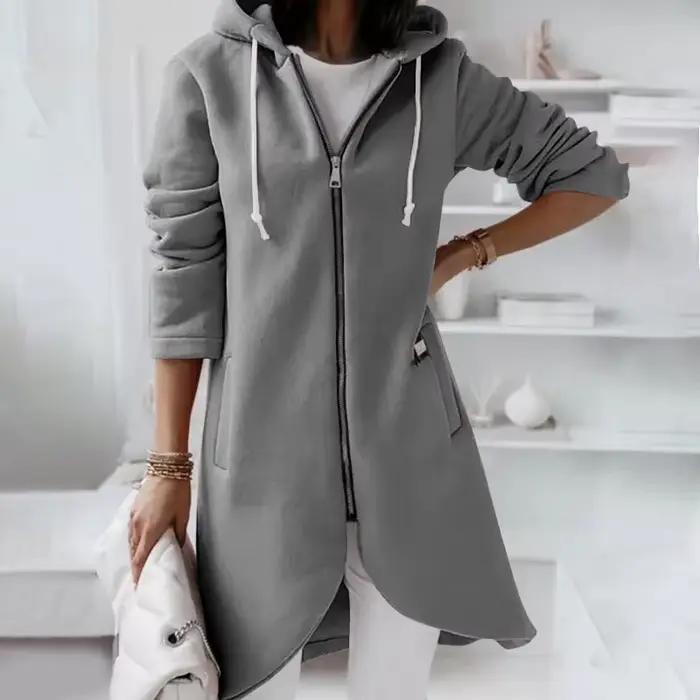 Veste à Capuche Longue pour Femme, Manteau avec Fermeture Éclair, Couleur Unie, Décontracté, Poches, Vêtements d'Extérieur, Automne et Hiver