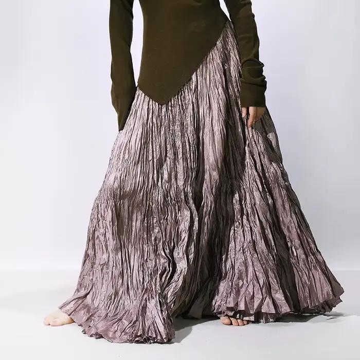 Jupe plissée texturée femme style décontracté polyester longueur cheville pour sorties nocturnes et occasions semi-formelles