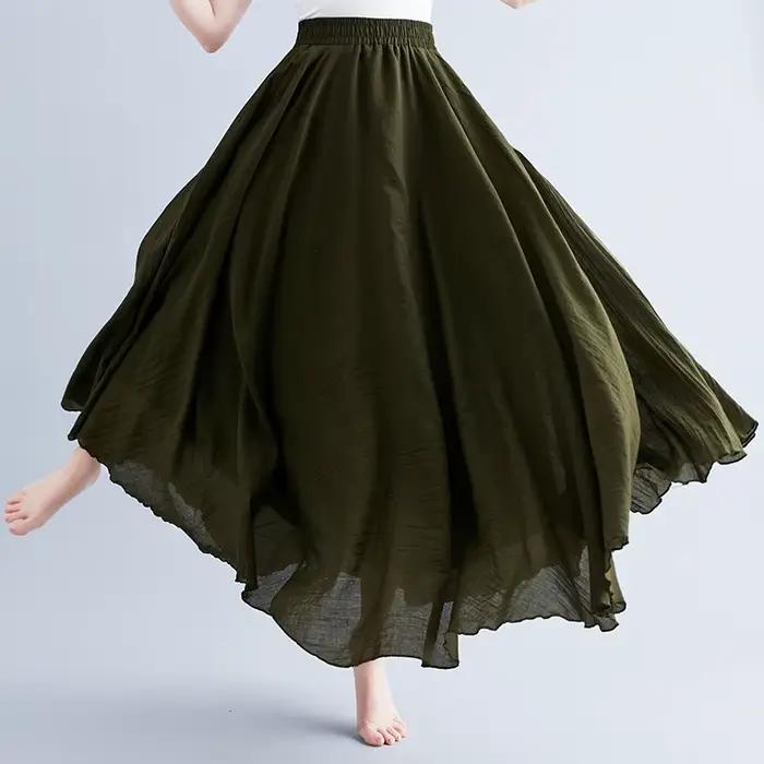 Jupe longue de plage en coton et lin pour femme style bohème vintage décontractée couleur unie ligne A taille haute longueur piste de danse maxi nouvelle collection printemps été