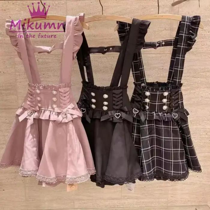 Mikumn gothique Lolita rétro nœud perle boucle volants jupes à bretelles Y2k filles japonaises doux Kawaii dentelle