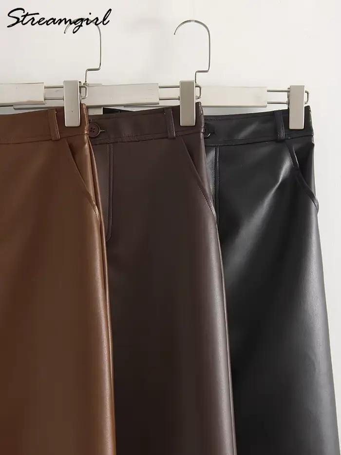 Jupes longues en cuir pour femmes marron haute qualité PU Midi jupe moulante avant fendu taille