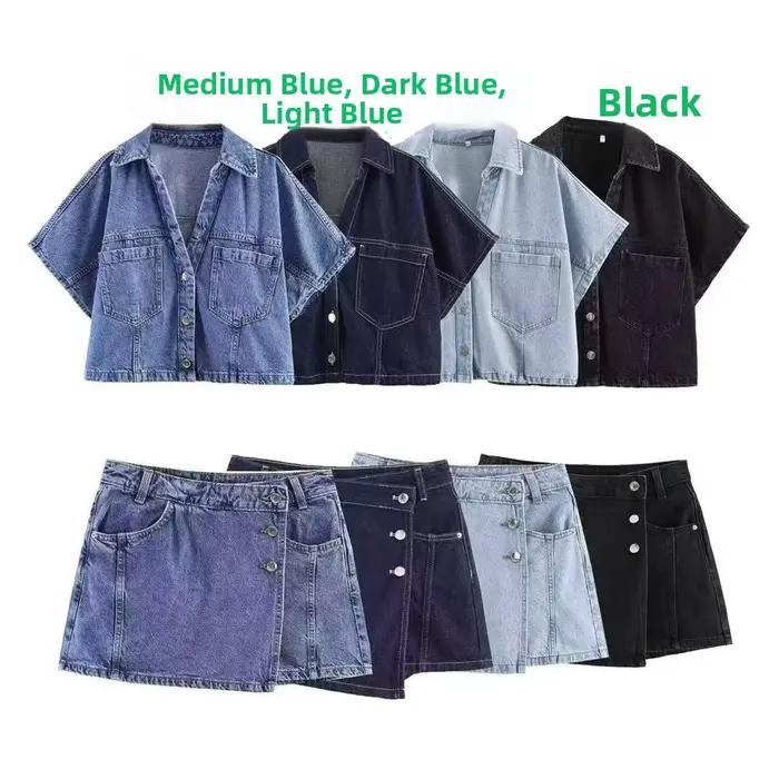 Ensemble deux pièces décontracté pour femme : haut court et jupe courte asymétrique en jean rétro, style urbain, mode estivale