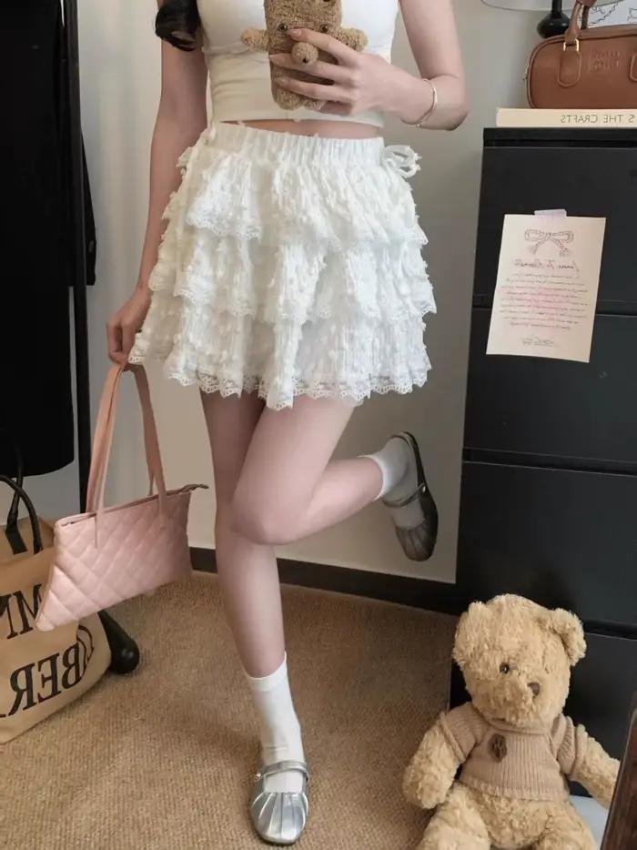Jupe tutu blanche en dentelle avec nœud pour femme, jupe courte bouffante anti-exposition d'été, taille haute, coupe trapèze ajustée