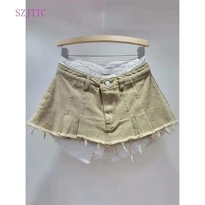 Jupe en jean femme taille haute plissée Patchwork couleur contrastée grandes poches bavures a-ligne Mini