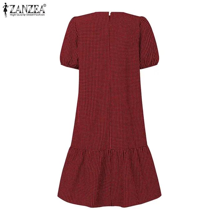 ZANZEA Robe décontractée à carreaux pour femme, col rond, manches courtes bouffantes, ourlet à volants, longueur genou, été, usage quotidien, Vestidos Mujer