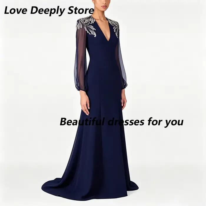 Robe de soirée marine personnalisée, col en V profond, manches longues bouffantes transparentes, coupe sirène, longueur ras du sol, robe de soirée formelle, robe pour invitée de mariage