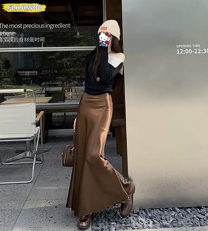 2025 Dernière jupe sirène lumineuse de style coréen parfaite pour minceur façonnant femme automne printemps taille haute sexy longues jupes maxi