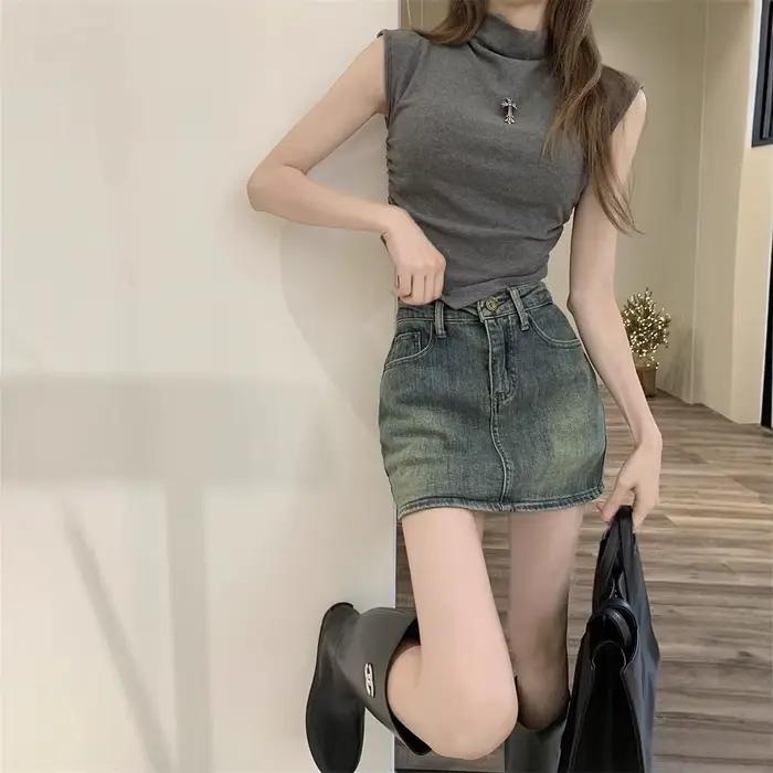 Jupe mini en jean taille haute pour femme