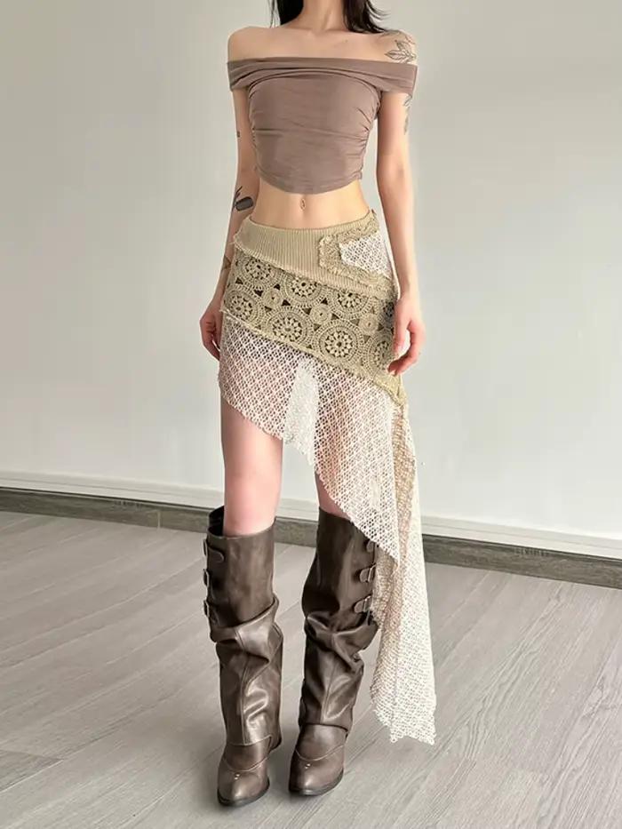 Mini jupe asymétrique Y2K en polyester stretch pour femmes, idéale pour les sorties nocturnes et les soirées estivales