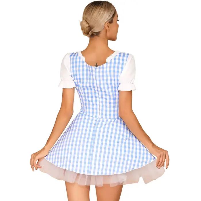 Robe vichy bleue pour femmes, imprimé écossais, manches courtes, en Tulle, conte de fées, Halloween, Costume de Cosplay, robes de fête de carnaval