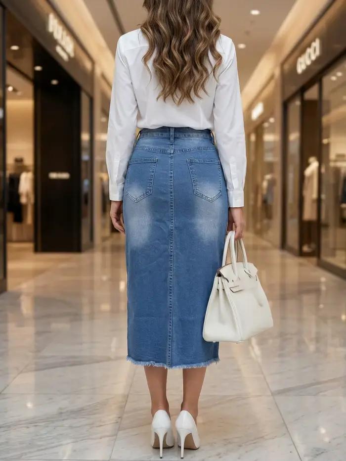 Jupe en jean extensible pour femme 2026 avec bordure en fourrure – Jupes tendance et souples pour femmes