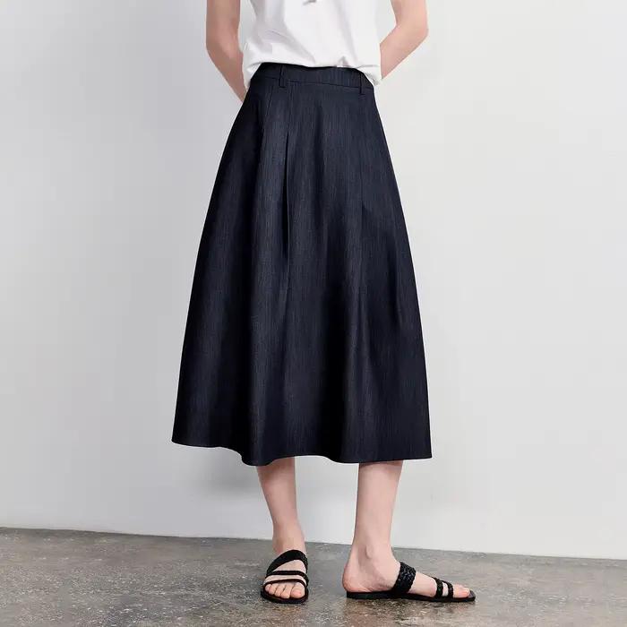 Jupe plissée trapèze TOYOUTH pour femme, effet denim, nouvelle collection été 2026, style rétro Old Money, simple et élégante, dissimule les hanches