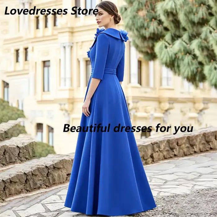Robes personnalisées pour la mère de la mariée, bleu royal, col en V, manches 3/4, fleurs 3D, robe longue formelle pour invitées de mariage, robe de soirée