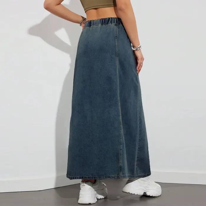 Jupes longues en Denim pour femmes, cordon élastique, taille haute, ligne A, évasée, pour printemps et automne, Streetwear Y2K