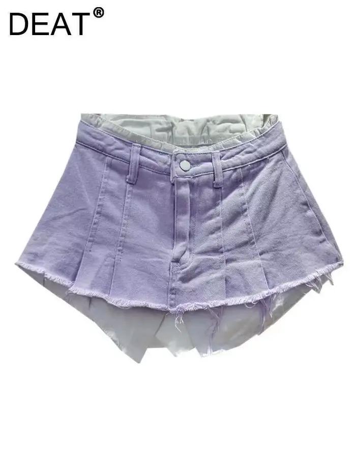 DEAT femmes jupe en jean taille haute plissée Patchwork couleur contrastée grandes poches bavures a-ligne Mini