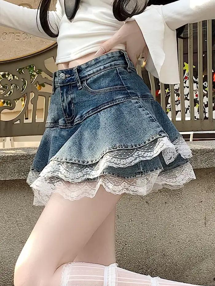 2025 été Mini Y2K Denim jupe femmes mode Streetwear volants Kawaii dentelle jupes Shorts Preppy école plissée jean jupe