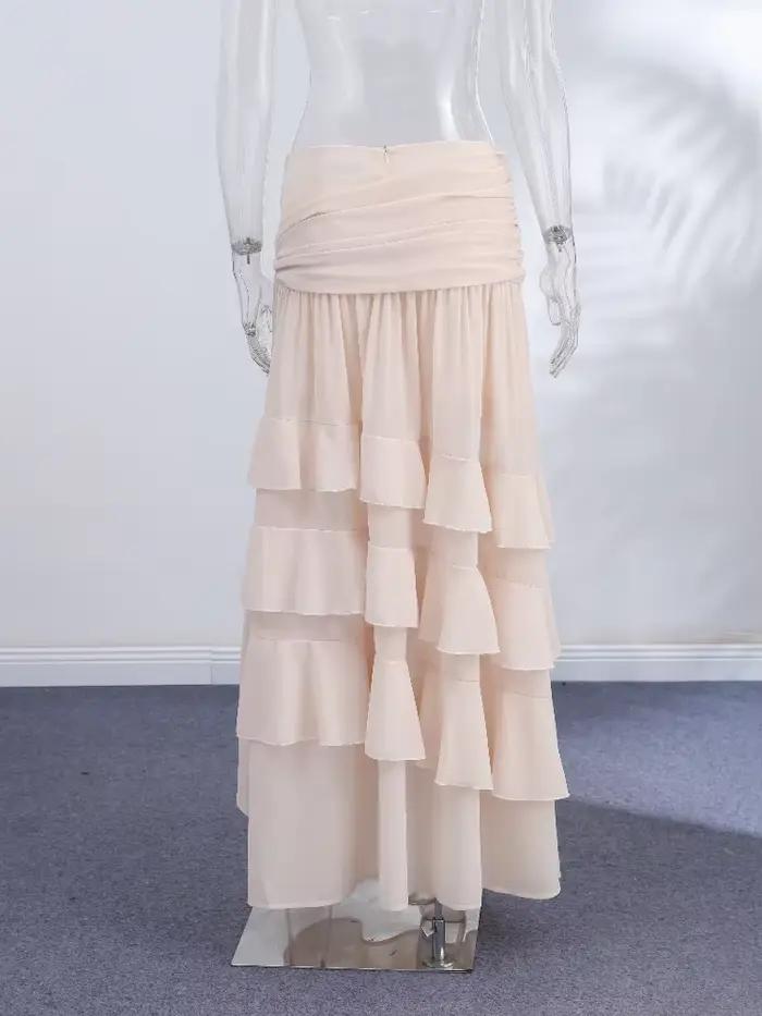 Nouvelle jupe longue plissée style français à volants cascade pour femme