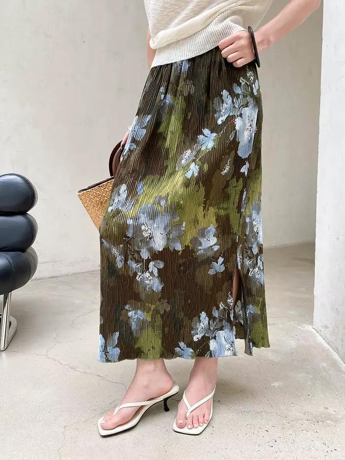 Jupe droite plissée à taille élastique pour femme, style rétro imprimé, texture décontractée, idéale pour l'été