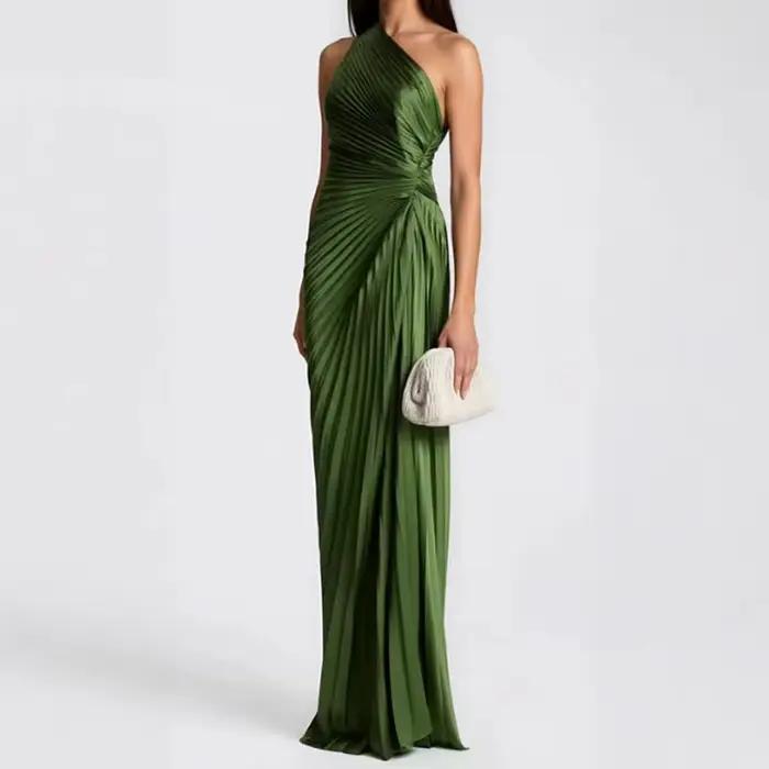 Robe de soirée asymétrique plissée verte sans manches pour femmes, échancrure audacieuse, dos nu, idéale pour les vacances d'été, mariages et événements spéciaux