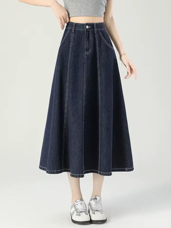 GUUZYUVIZ bleu profond taille haute Vintage a-ligne Denim Midi jupes femmes mode coréenne décontracté épissure lavage jean jupe femme