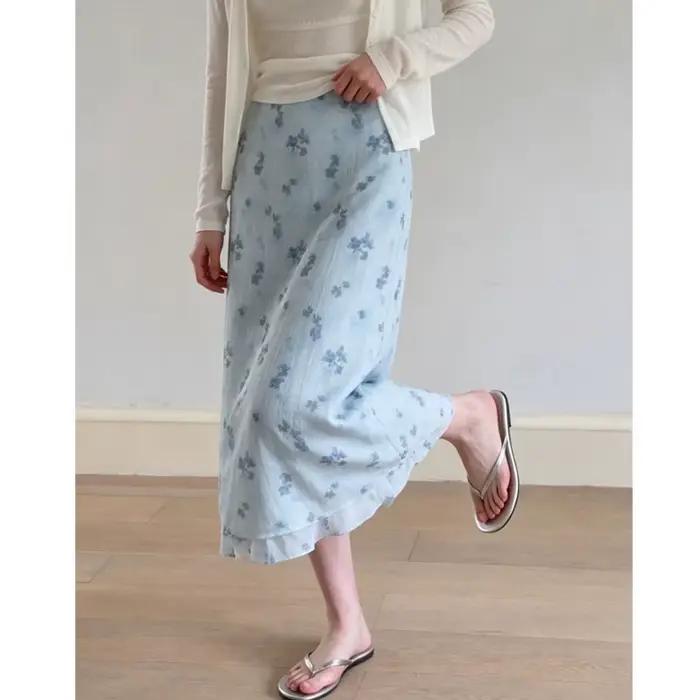 Jupe mi-longue évasée à imprimé floral, taille haute, amincissante, pour femme, nouveau style d'été, mi-longue, rose et bleue, en mélange de polyester