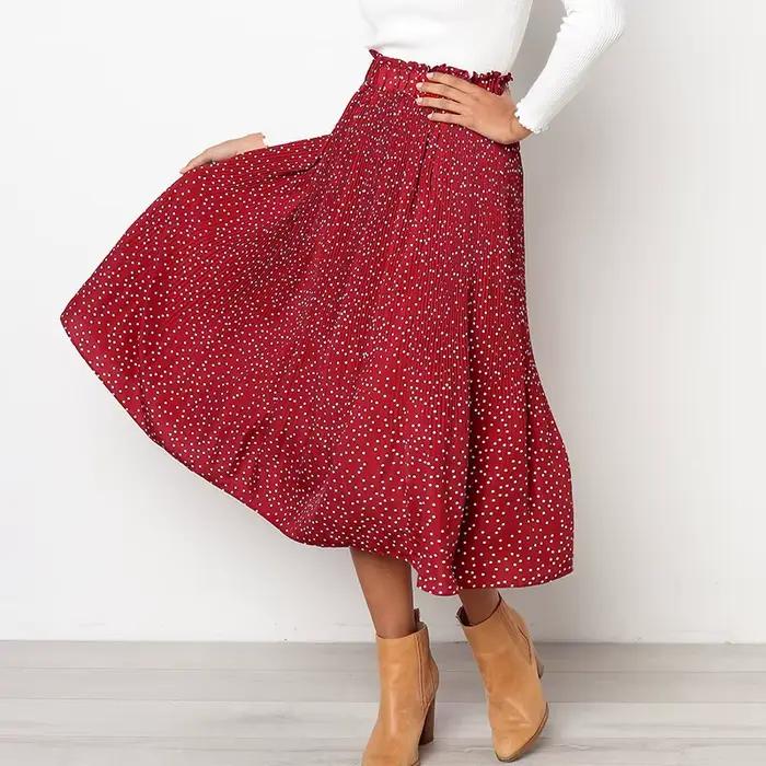 Jupe Midi Plissée à Pois Blancs et Imprimé Floral pour Femme, Taille Haute artificiel astique, Poches Latérales, Élégante, Astronomique, Été 2019
