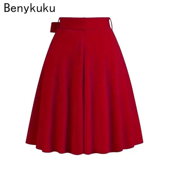 Femmes Bow Front A-Line solide rouge noir Jupe années 1950 Vintage femme vêtements 2025 été taille haute