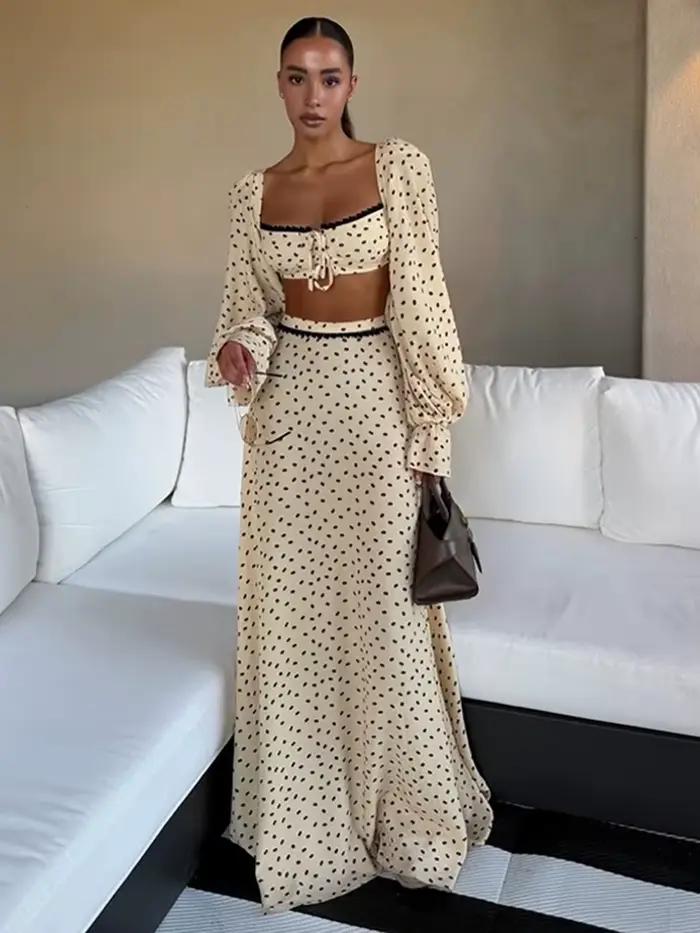Ensemble Femme Nouveauté : Haut Court à Pois et Jupe Longue