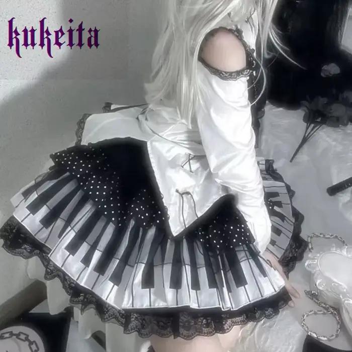 Kukeita Harajuku Y2k Punk Piano clé vague point dentelle jupe japonais gothique Lolita Kawaii gâteau