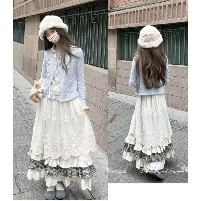Femmes doux Vintage Mori fille Style taille haute épissage Plaid jupe longue hiver nouvelle mode coréenne Beige dentelle Kawaii jupes Maxi