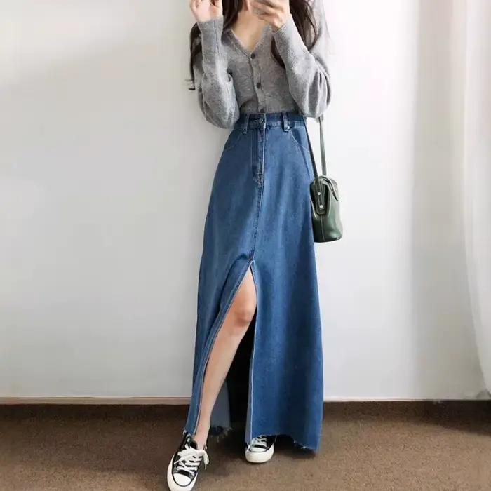 Taille haute fente Denim a-ligne jupe femmes mi-longue jupes Vintage Jean fermeture éclair boutons grand ourlet lavé effiloché coréen Harajuku