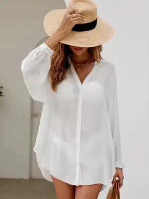 Robe de plage blanche texturée à manches longues pour femme