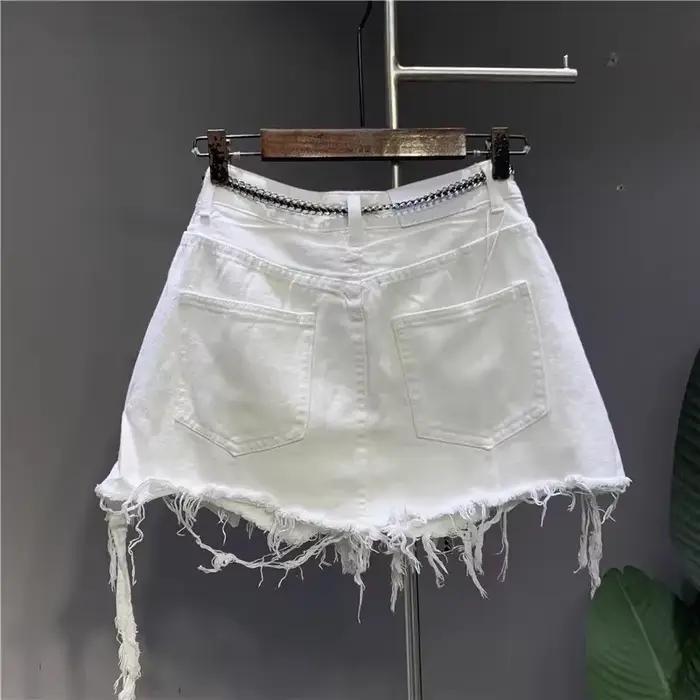 Jupe courte en jean irrégulier brut blanc coréen pour femme