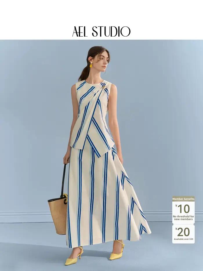 Ensemble jupe et haut sans manches rayé bleu et blanc AEL pour femme, style marin, jupe asymétrique en pur coton, idéal pour les vacances d'été