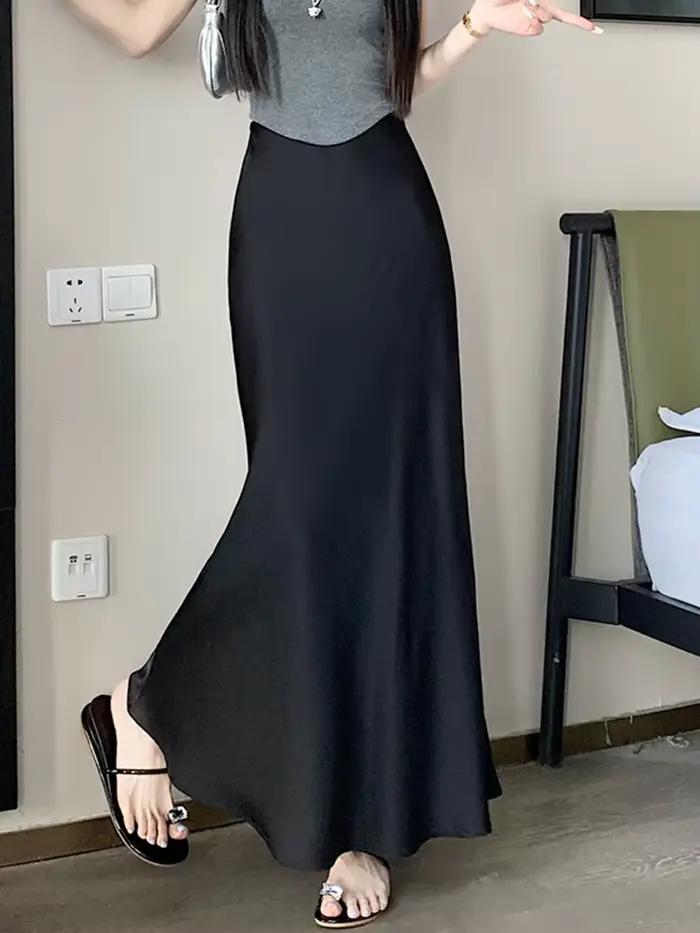 Jupes longues en Satin élégantes pour femmes, vêtements de mode coréenne, taille haute élastique, jupe noire, Streetwear d'été, jupe Midi trapèze, 2025