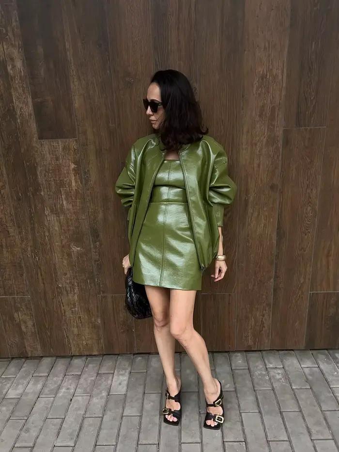 Ensemble jupe en cuir vert Vintage pour femmes