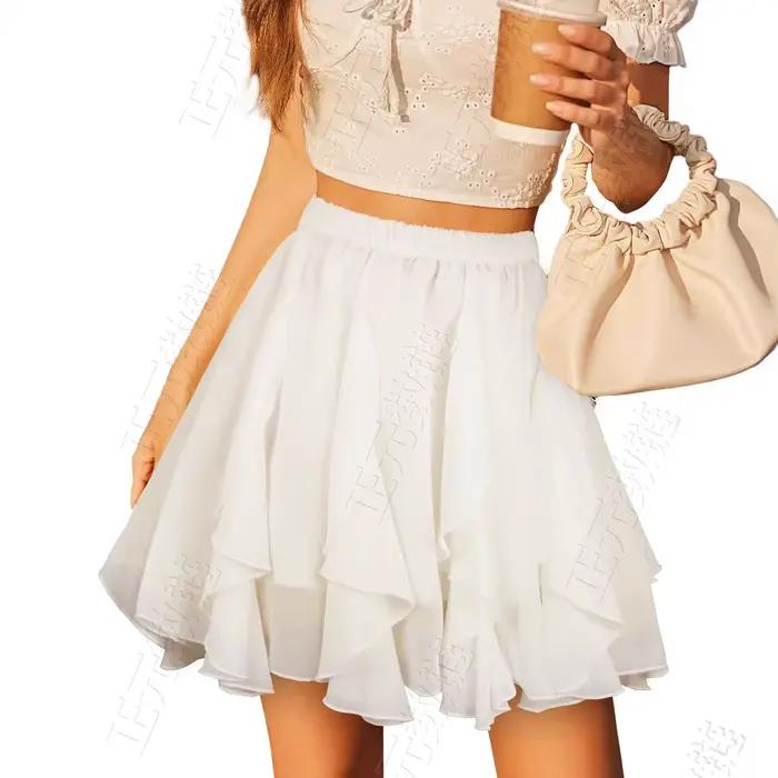 Jupe courte plissée décontractée pour femmes, taille haute, avec bordure en dentelle, style frais et doux, tissu polyester, mode printemps-été