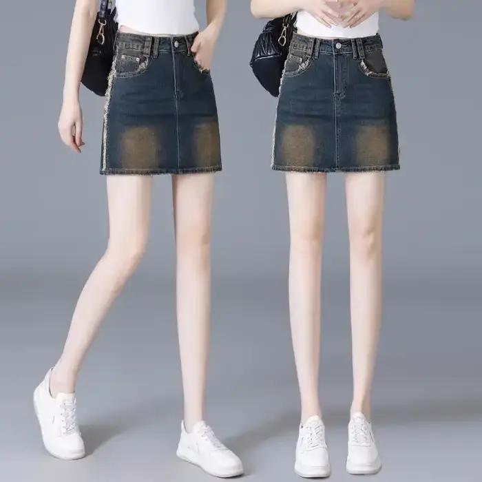 Jupe en jean femme rétro taille haute frange
